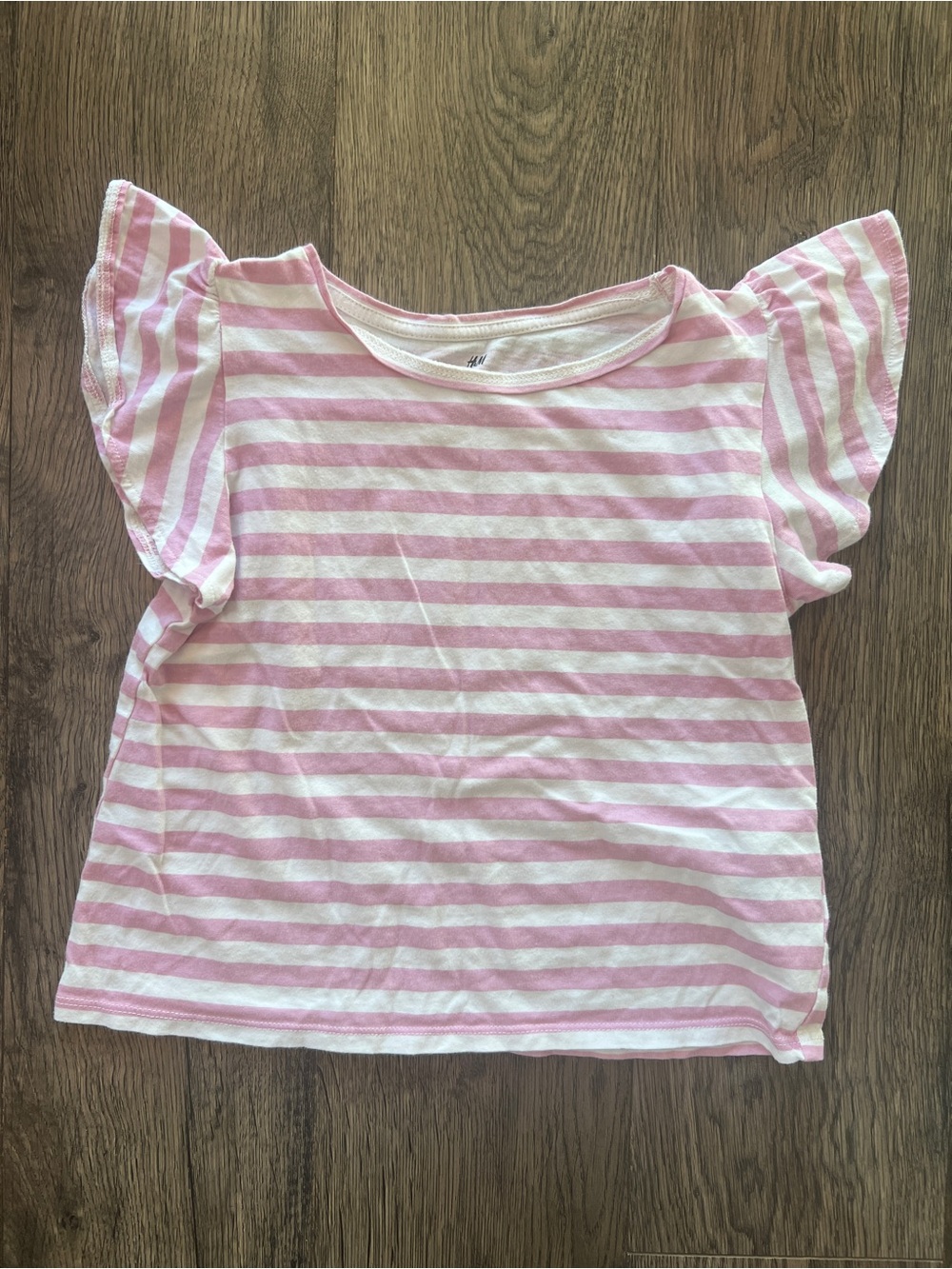 H&M Pink & White Striped Flutter Sleeve Tee